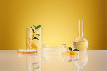 Wall Mural - Front view of orange decorated with glassware and transparent podium in yellow background 