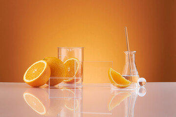 Wall Mural - Front view of orange decorated with glassware and transparent podium in brown background 