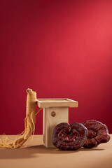 Canvas Print - Front view of lingzhi mushroom and ginseng in wooden tray in red background