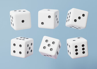 White dice set one two three four five six Cartoon minimal floating on sky blue pastel background. Composition template, fortune game concept. 3d render illustration