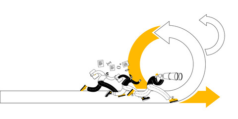 Wall Mural - A man with a laptop runs along the arrow. Vector illustration on the topic of agile methodology.