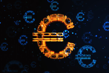 Poster - Currency exchange and money concept with orange glowing digital euro symbol on abstract dark technological background. 3D rendering