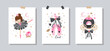 Set postcards. Cute ballerina on the background of stars, clouds and hearts. Vector illustration in a simple style.
