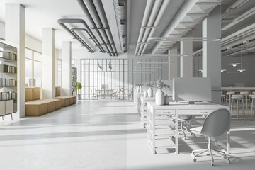 Poster - 3D visualization of sunny modern open space office with sofa on concrete floor, lattice glass walls and white 3D rendering rows of workspaces, design project development. 3D rendering