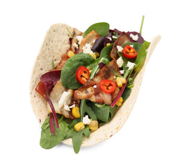 Delicious taco with fried bacon, vegetables and cheese on white background