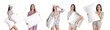 Collage with photos of young women holding soft pillows on white background. Banner design