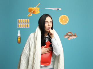 Canvas Print - SIck woman with hot water bottle surrounded by different drugs and products for illness treatment on light blue background