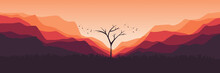 Dead Tree Silhouette In Mountain Landscape Flat Design Vector Illustration Good For Wallpaper, Background, Backdrop, Banner, Web, And Design Template