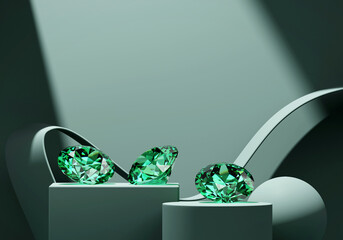 Poster - Green emerald diamonds placed on green background 3d rendering