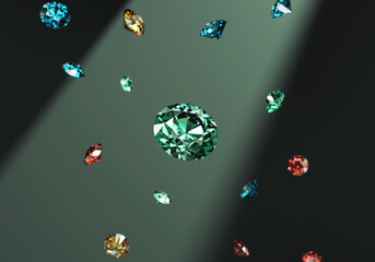 Poster - Colorful diamond gems falling on deep green background 3d rendering