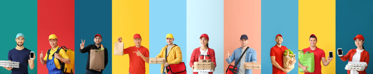 Wall Mural - Set of couriers of food delivery service on colorful background