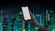 © RocknRoller Studios - Futuristic Smartphone Mockup, with Green and Blue neon City Skyline Backdrop.