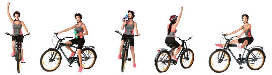 Sticker - Set of female cyclist riding bicycle on white background