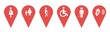 Location pin icons. Map pin place marker. Location icons indicating places for people with disabilities, pregnant women, the elderly. Vector illustration in flat style