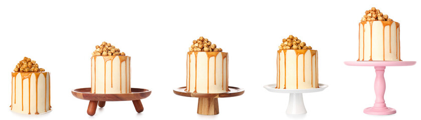 Wall Mural - Set of tasty cake with popcorn and caramel on white background