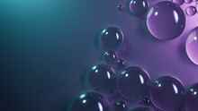 Liquid Drops On Teal And Purple Background. Glossy Wallpaper With Copy-Space.