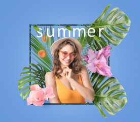 Poster - Summer collage of beautiful young woman in swimsuit, with tropical leaves and flowers on blue background