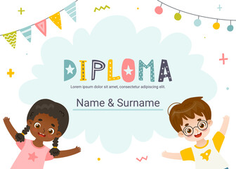 Wall Mural - diploma template with cartoon kids. certificate vector design for children competition.