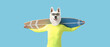 Cute dog with human body and surfboard on blue background