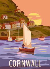 Travel Poster Cornwall, Vintage, South West England, United Kingdom. Travel poster coast, buikdings, sailboats, sunset. Vector illustration