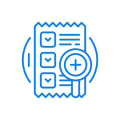 Poster - Passed test task vector line icon. Torn sheet of paper with check marks answers and attached stamp.