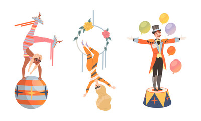 Wall Mural - Artists performing at circus show set. Acrobat making trick on hanging aerial hoop, gymnast balancing on ball, magician performing on stage vector illustration