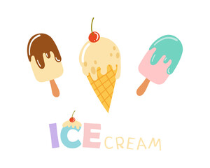 Poster - Tasty melting popsicle and ice cream in waffle cone cartoon vector illustration