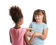 Little girls exchanging books on white background
