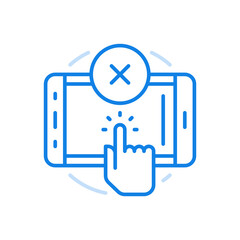 Poster - Broken electronic device vector line icon. Finger presses smartphone screen with cross in circle.