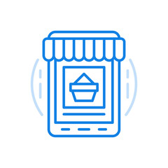 Poster - Shopping in web app vector line icon. Smartphone with canopy and packaging center screen.