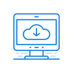 Poster - Download cloud service vector line icon. Cloud with down arrow on monitor screen.