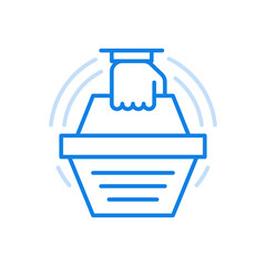Poster - Hand holds basket vector line icon. Retail sales and shopping in shops and supermarkets.