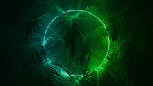 Tropical Plants Illuminated With Green And Blue Fluorescent Light. Jungle Environment With Circle Shaped Neon Frame.