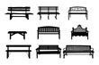 Set of benches icon. Outdoor, garden or park bench silhouettes collection. City wooden, metal and iron furniture for summer recreation. Urban landscape seat for rest public places. Vector illustration