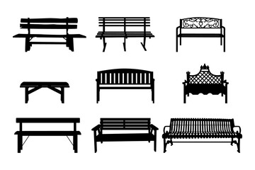 Set of benches icon. Outdoor, garden or park bench silhouettes collection. City wooden, metal and iron furniture for summer recreation. Urban landscape seat for rest public places. Vector illustration