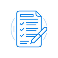 Poster - Filled test documentation vector line icon. Checklist questions and pen with answer boxes.