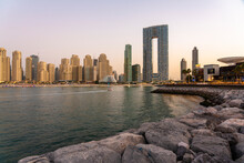 United Arab Emirates, Dubai, Skyline Of Coastal Apartments And Hotels At Dusk