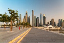 United Arab Emirates, Dubai, Dubai Marina With Tall Skyscrapers In Background