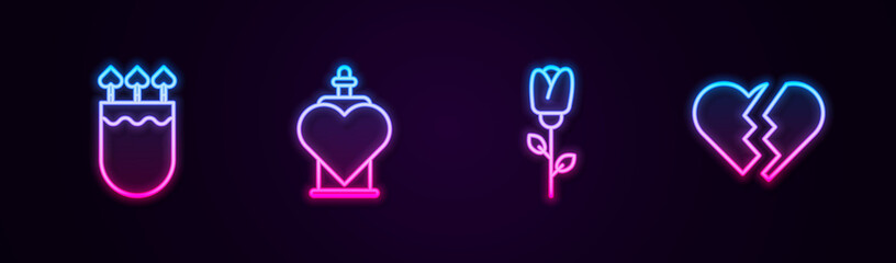 Poster - Set line Quiver and arrows with heart, Bottle love potion, Flower rose and Broken. Glowing neon icon. Vector