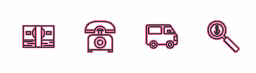 Poster - Set line Stacks paper money cash, Delivery cargo truck vehicle, Telephone and Magnifying glass and dollar icon. Vector