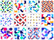 © Sylverarts - Geometric abstract seamless patterns set with colorful simple elements of geometry, wallpaper background in retro 70s style, Bauhaus constructive style tiles collection.