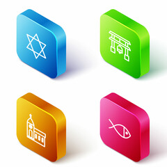 Poster - Set Isometric line Star of David, Japan Gate, Church building and Christian fish icon. Vector