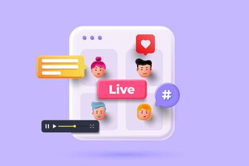Wall Mural - online meeting, virtual conference video call, briefing, teamwork concept with 3d shapes, chat box, 