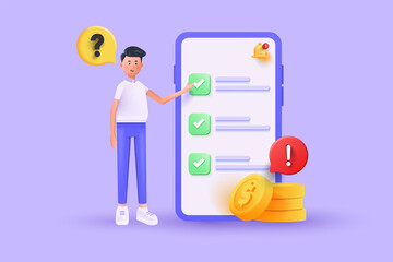 3D illustration of smiling man pointing on big phone with marked checklist on purple background, customer survey form. Successful completion of business tasks. Vector 3d Illustration