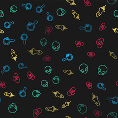 Poster - Set line Unknown search, Alien, Rocket ship with fire and Cloud mail server on seamless pattern. Vector