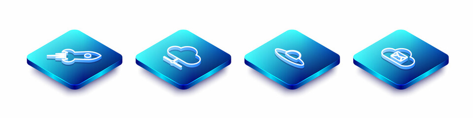 Poster - Set Isometric line Rocket ship with fire, Network cloud connection, UFO flying spaceship and Cloud mail server icon. Vector