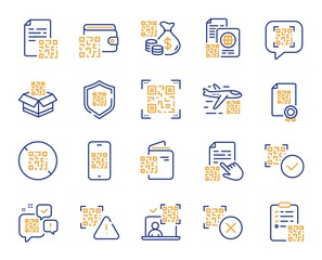 Poster - Qr code line icons. Vaccination certificate, phone qr scan and qrcode document set. Verification process, code scanning and boarding pass line icons. Valid vaccination qr passport. Vector