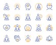 © blankstock - Yoga meditation line icons. Body balance, person relax and energy meditation set. Mind harmony, health meditate and self concentrate line icons. Listen relax sound, yoga mind therapy. Vector