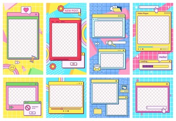 Poster - retro ui post template. cool 90s aesthetic social media stories frames, app window with groovy backg