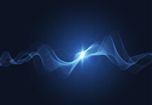 Modern Speaking Sound Waves Oscillating Dark Blue Light, Abstract Technology Background. Vector Illustration